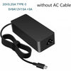 A black USB-C laptop charger with a cable is shown, labeled for 20V3.25A Type C power.