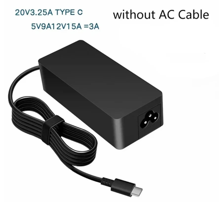 A black USB-C laptop charger with a cable is shown, labeled for 20V3.25A Type C power.