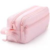 A pink multi-layer stationery storage pencil case with zipper closures.