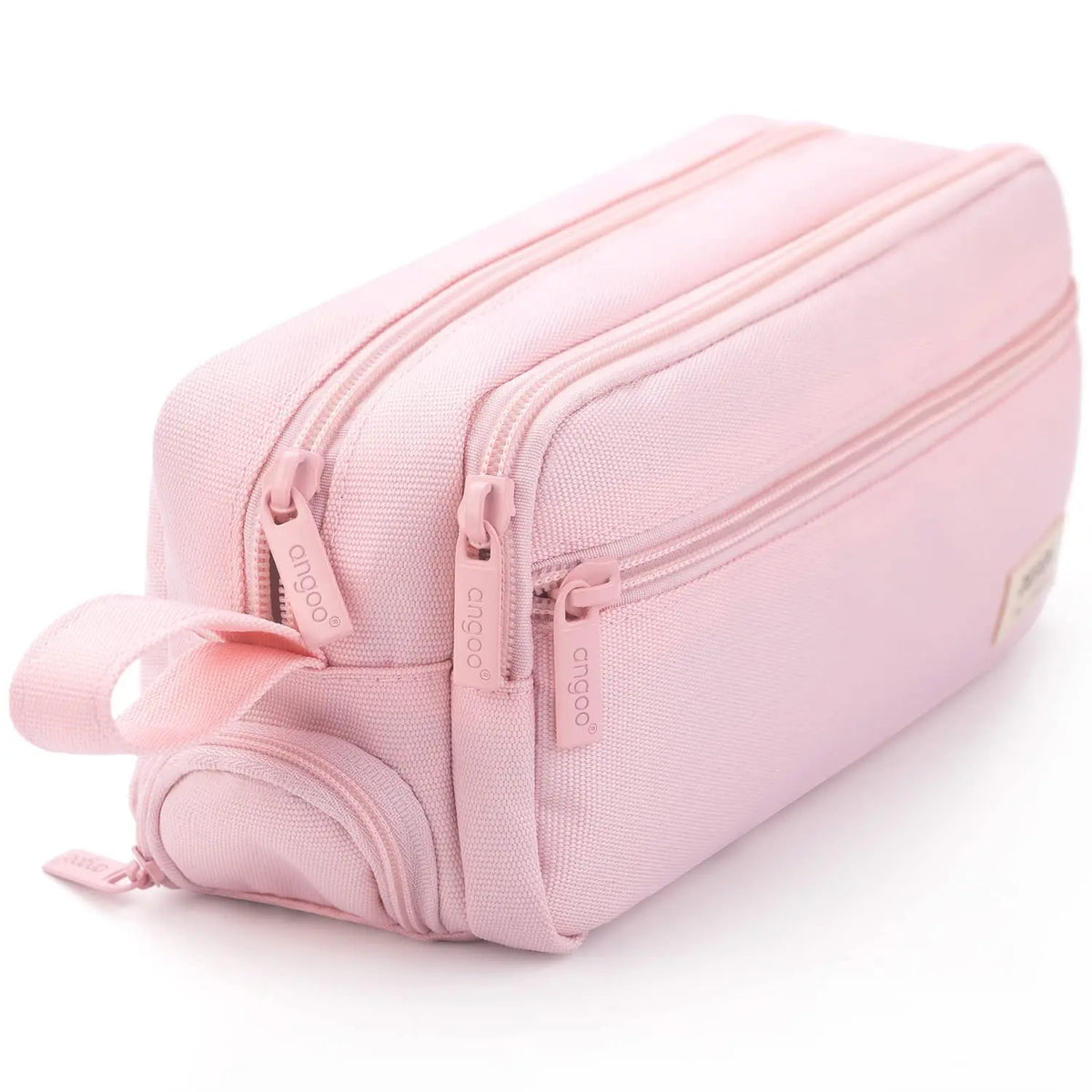 A pink multi-layer stationery storage pencil case with zipper closures.