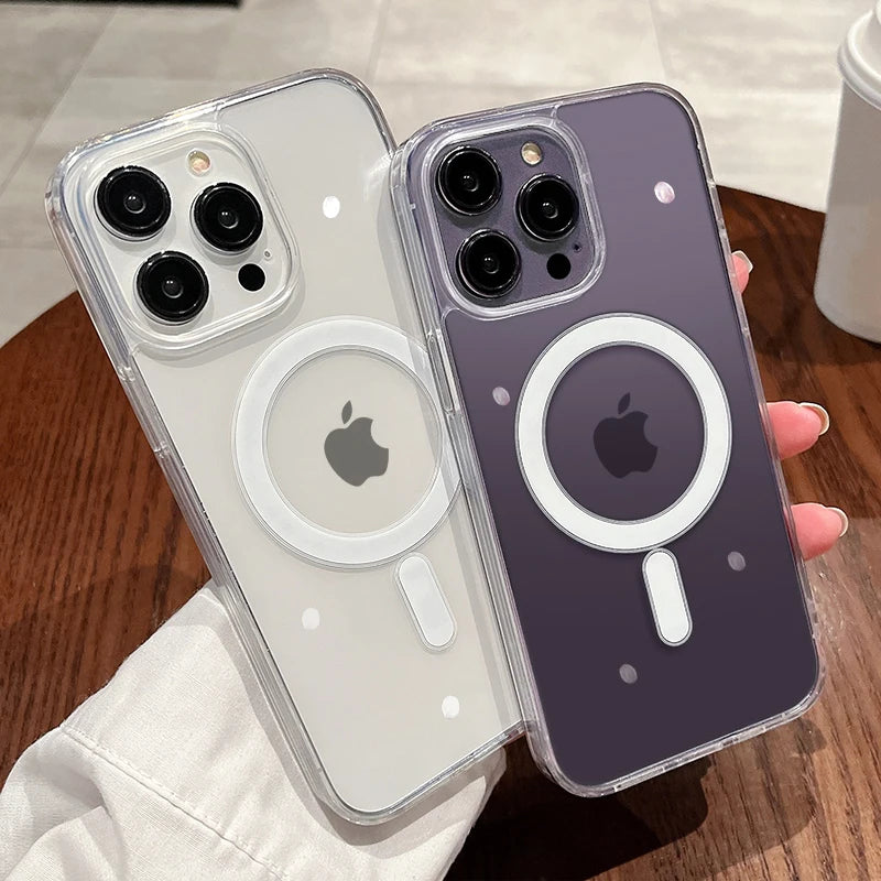 A clear magnetic transparent phone case with an Apple logo design in light and dark purple colors.