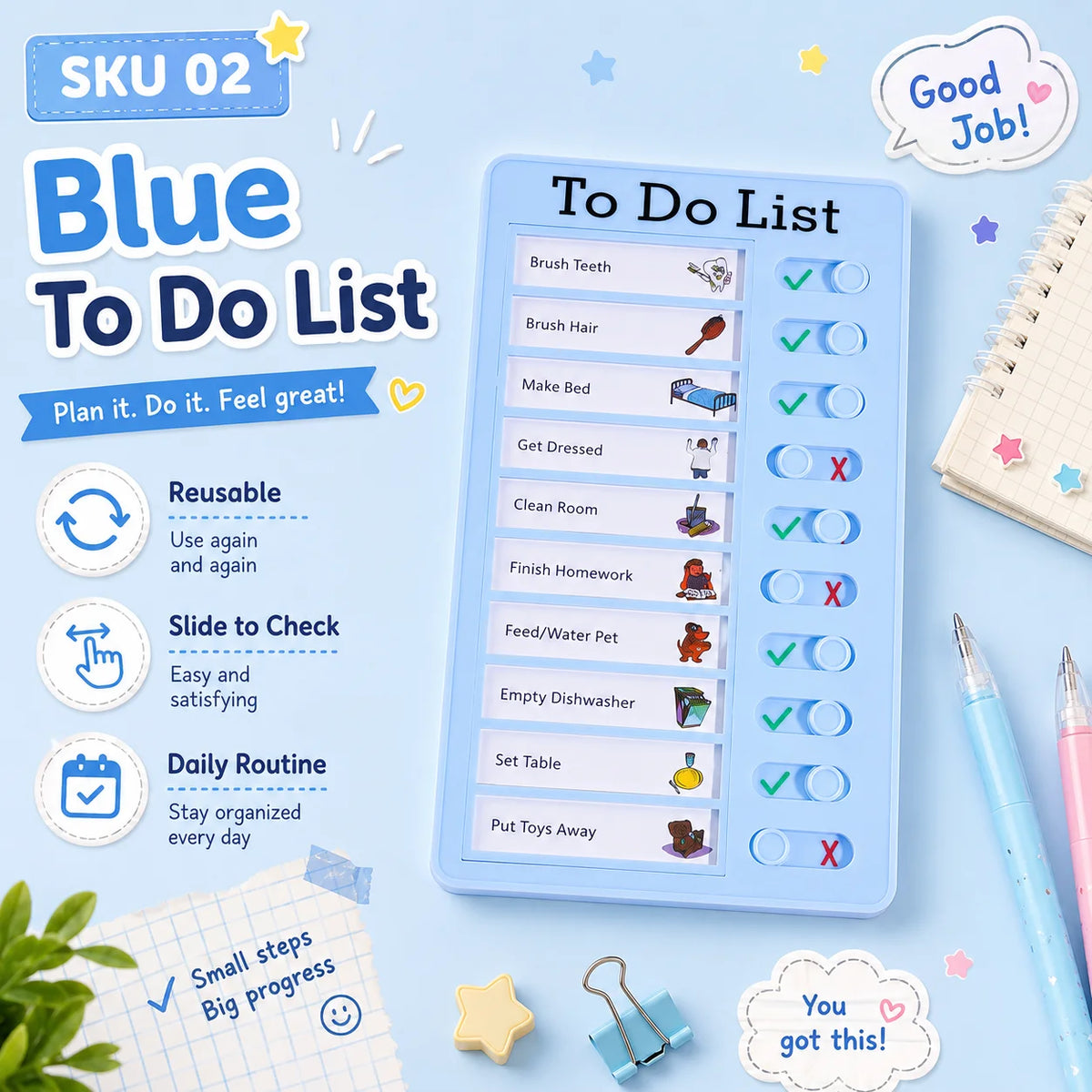 A blue reusable to do list board with various chores and tasks checked off, next to a pencil and notebook.