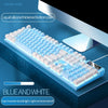 A blue and white mechanical keyboard with a liquid silicone thickened bottom plate shown from above.
