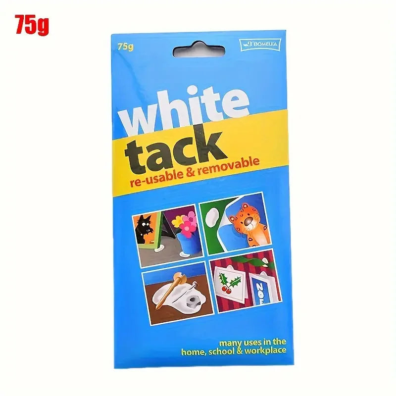 A package of White Tack reusable and removable sticky adhesive putty for various uses in the home, school, and workplace.