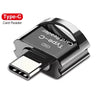 Black Type-C card reader device with a connector for reading memory cards.