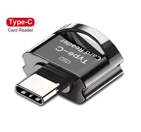 Black Type-C card reader device with a connector for reading memory cards.