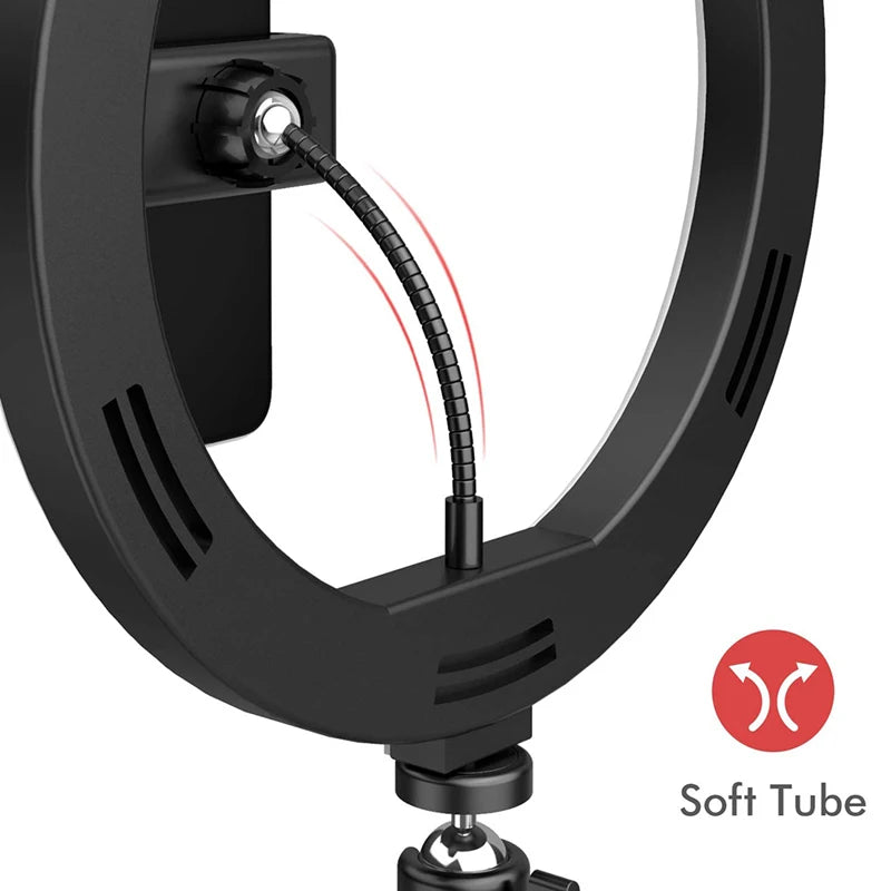 A black LED ring light with a soft tube attached to a tripod stand.
