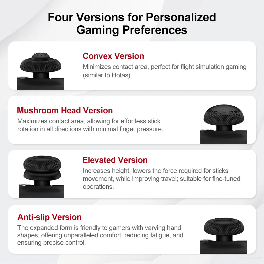 Four versions of silicone thumb grips for gamepads including convex, mushroom head, elevated, and anti-slip designs