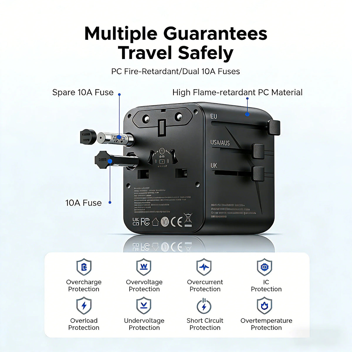 A black universal travel adapter featuring multiple safety guarantees including surge, overload, and short circuit protection