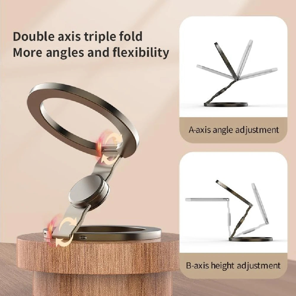 A magnetic foldable phone stand with a fidget spinner showing adjustable angles for viewing.