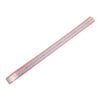 A long, thin stainless steel measuring ruler with millimeter markings and a scale visible.