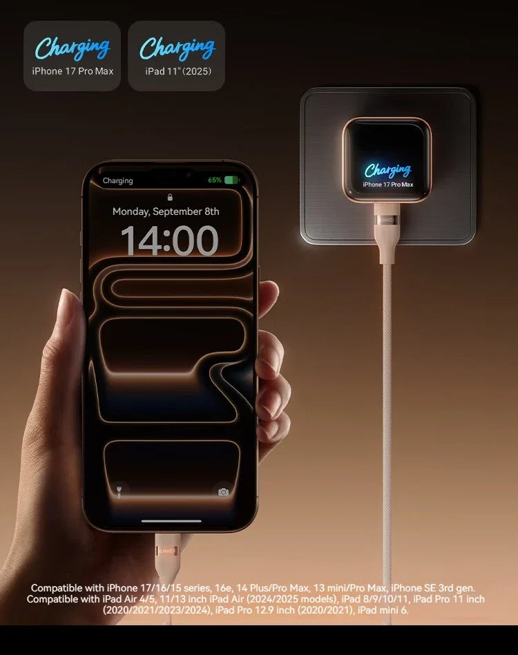A hand holds an iPhone charging on a wall charger, with icons for various Apple products displayed above.
