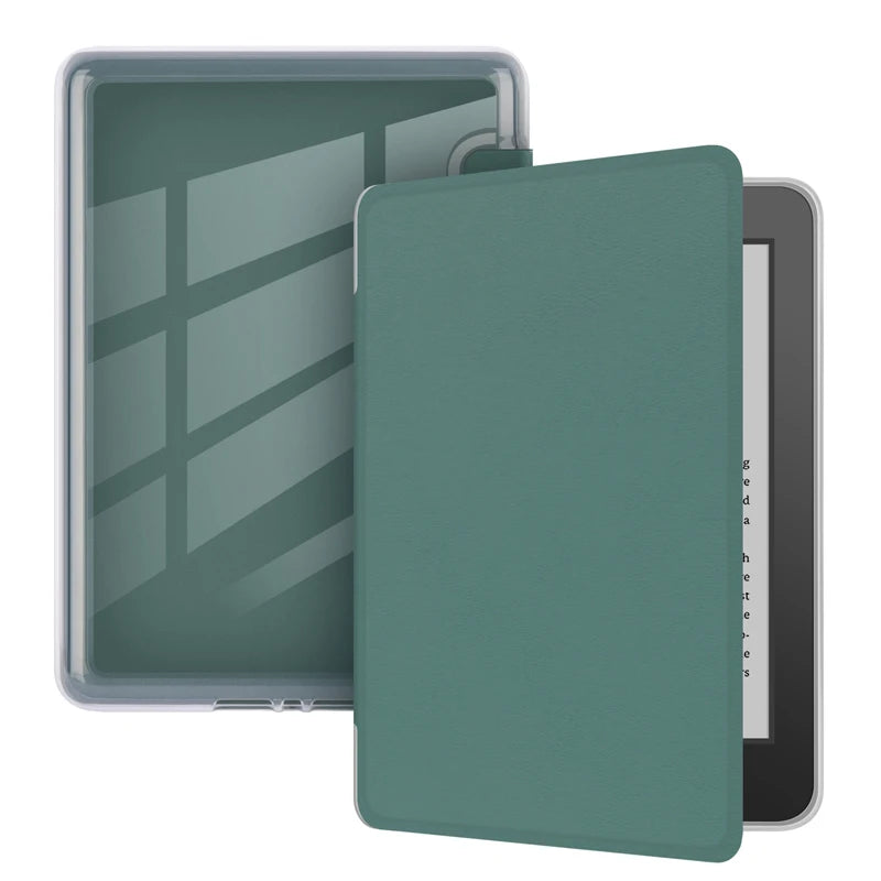 A protective silicone cover for a Kindle e-reader in a muted green color, shown with and without a clear front panel.