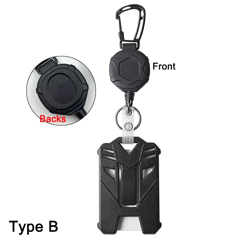 Black retractable badge clip with a hook and a card holder, shown from the front and back.
