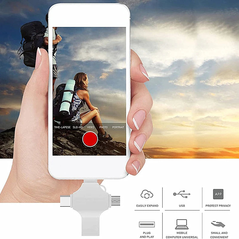A hand holds a white smartphone displaying an interface for a multi-capacity USB 3.0 flash drive.