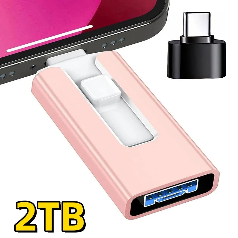 A pink USB 3.0 flash drive with Lightning and Type-C connectors is shown next to a smartphone.