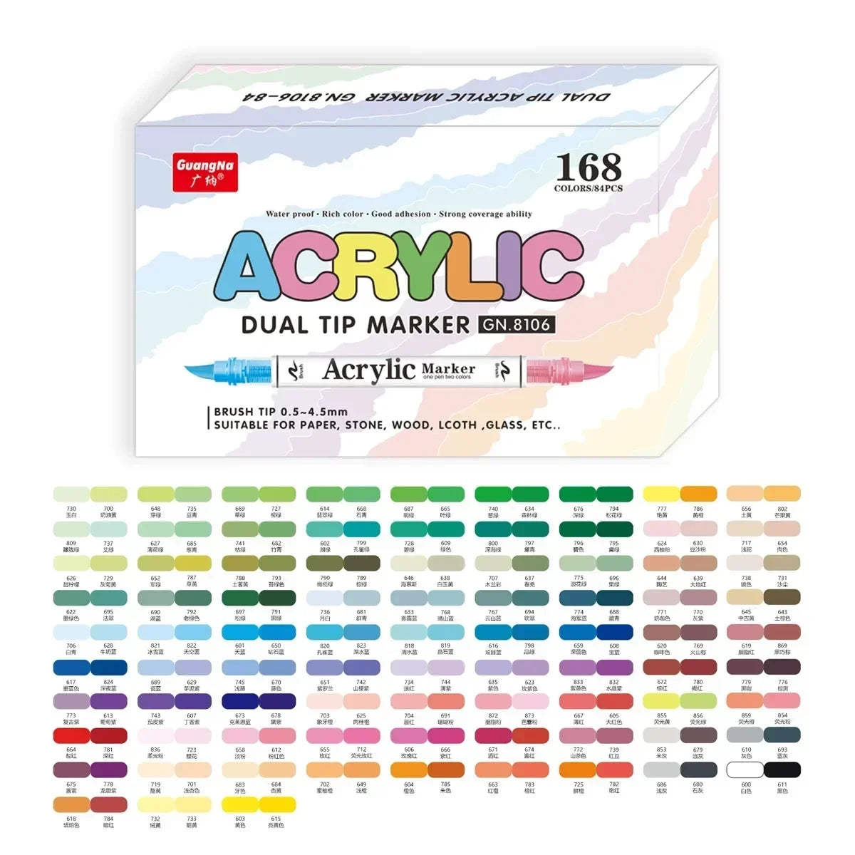 A box of 168 dual tip acrylic markers in various colors and tips for art and crafting.