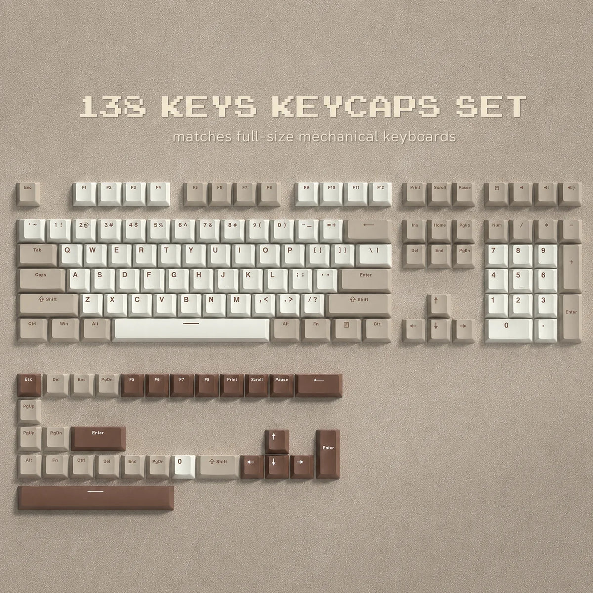 A set of 138 keys keycaps for full-size mechanical keyboards, featuring various layouts and profiles.