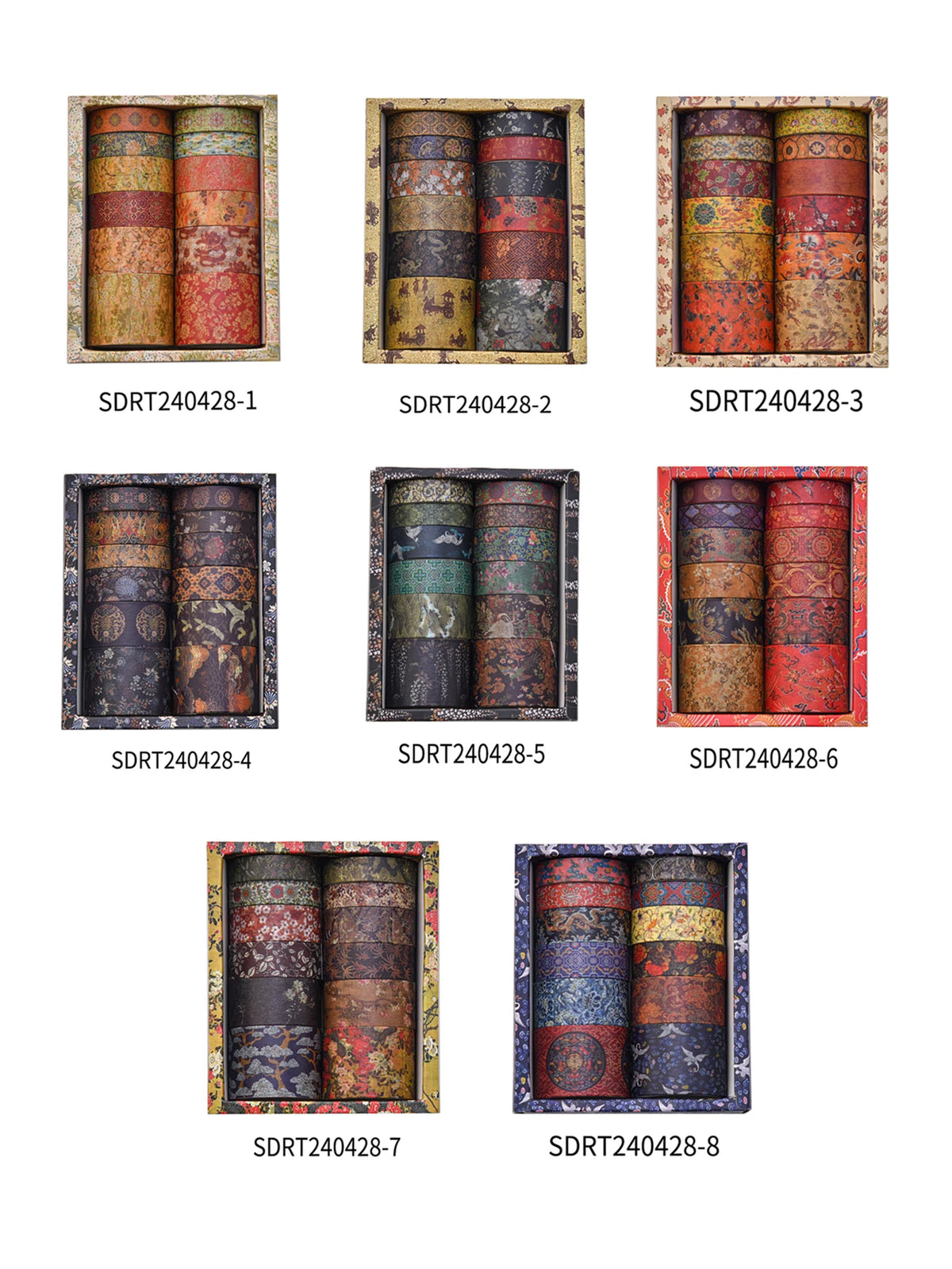 A set of eight vintage floral washi tape rolls in various colors and patterns.