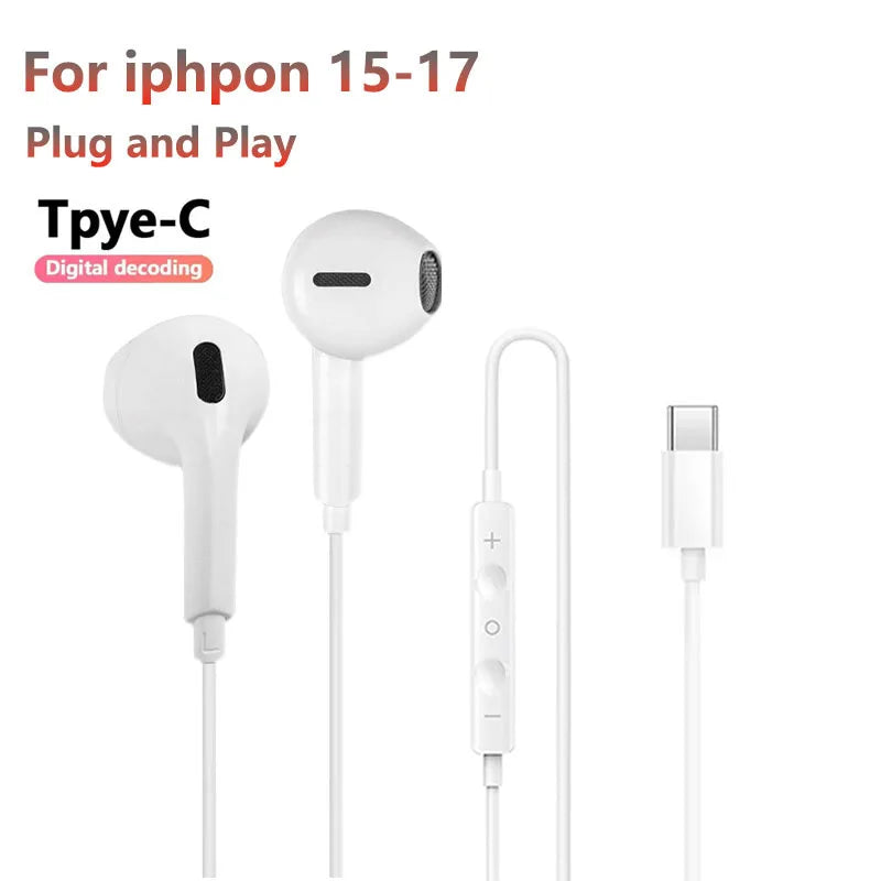 White Tpye-C earphones with microphone and charging cable for Iphone 15-17