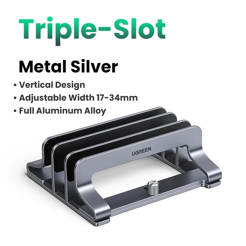 A metal silver triple-slot vertical laptop stand with an adjustable width and full aluminum alloy construction.