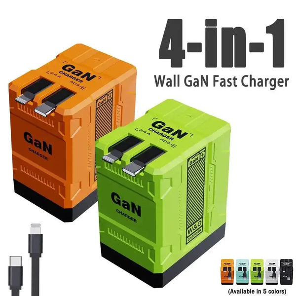 A set of four GaN fast chargers in orange and lime green colors with retractable cables.