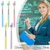 A female teacher holds a blue teaching stick in front of a green chalkboard, demonstrating its use.