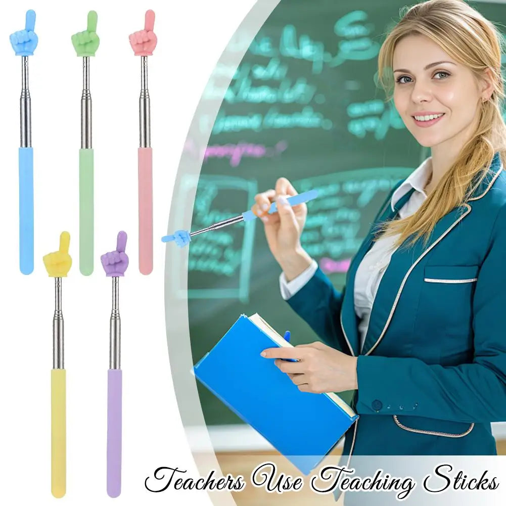 A female teacher holds a blue teaching stick in front of a green chalkboard, demonstrating its use.