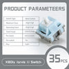 A close-up view of a light blue silent switch with technical parameters listed on the surrounding panel.