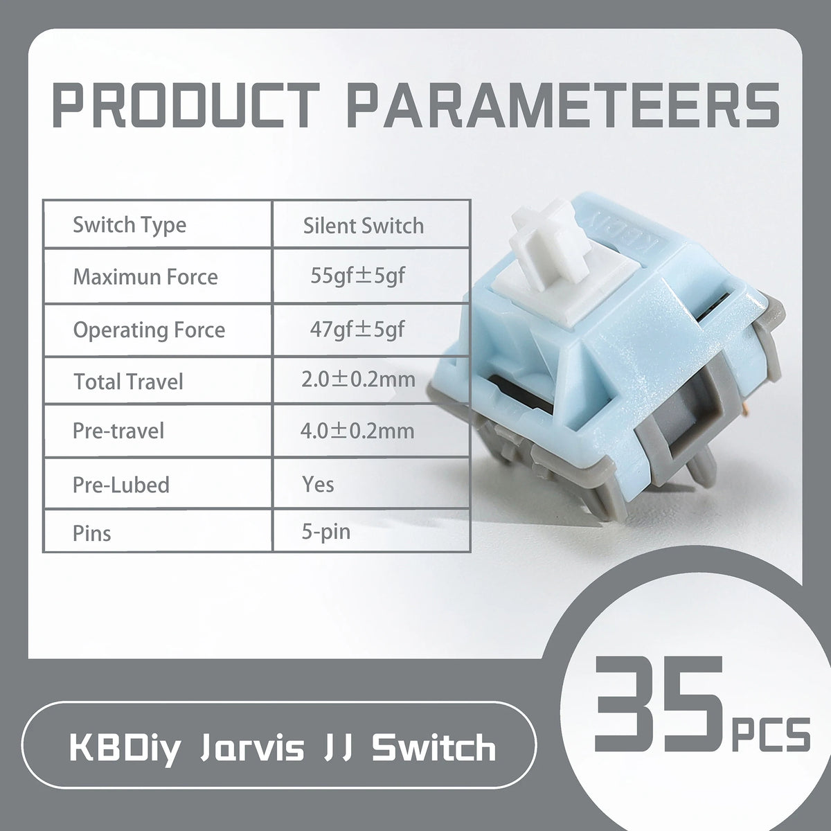 A close-up view of a light blue silent switch with technical parameters listed on the surrounding panel.