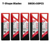 A set of ten red and black T-shape knife blades packaged in a 5-box set for 50 pieces.