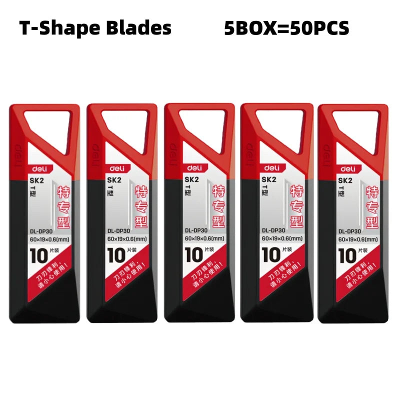 A set of ten red and black T-shape knife blades packaged in a 5-box set for 50 pieces.