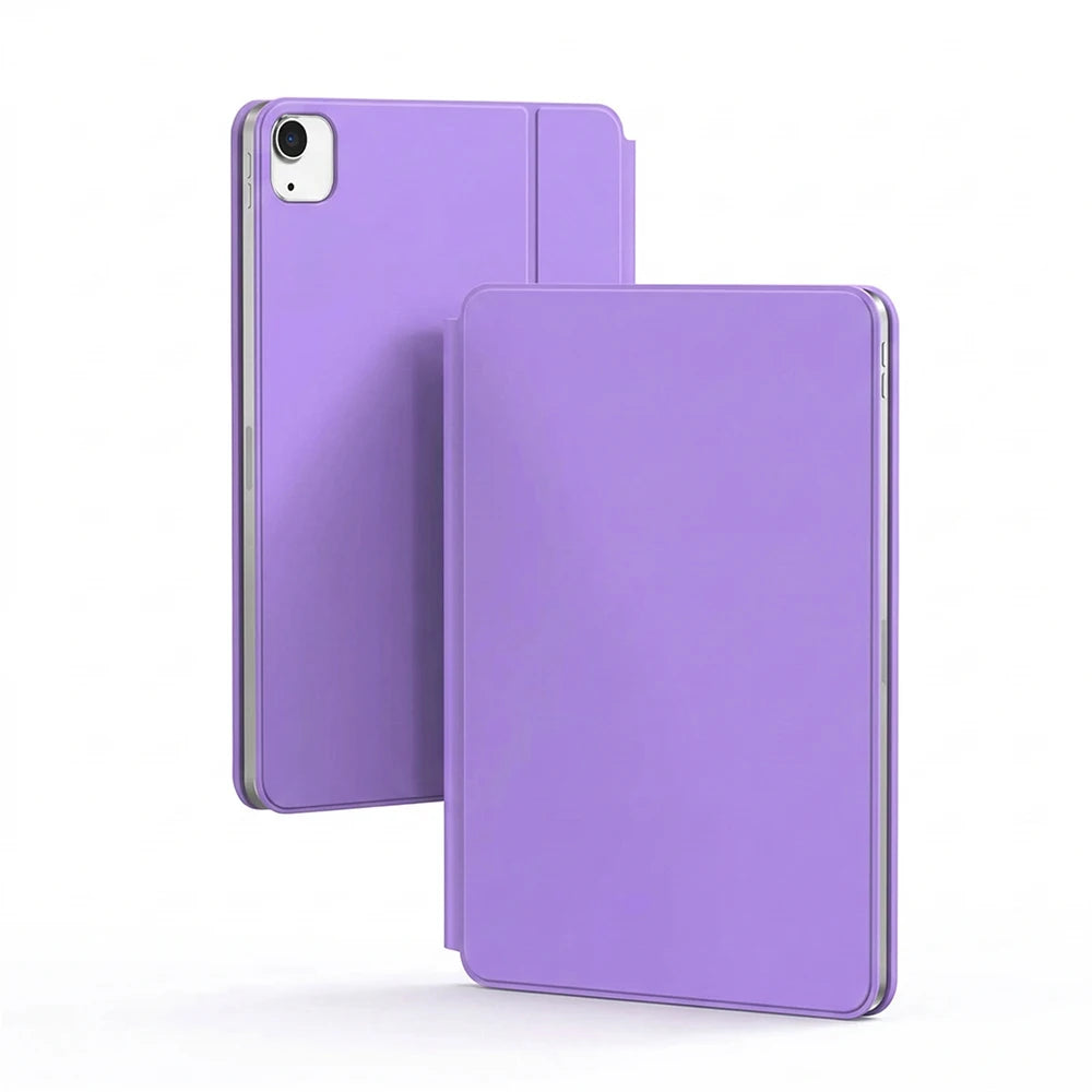 A purple slim Bluetooth keyboard case for an iPad Air is shown in a vertical orientation.