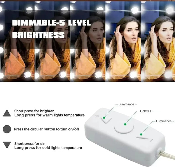A close-up of a dimmable vanity mirror with five levels of brightness controls and a separate dimmer switch.