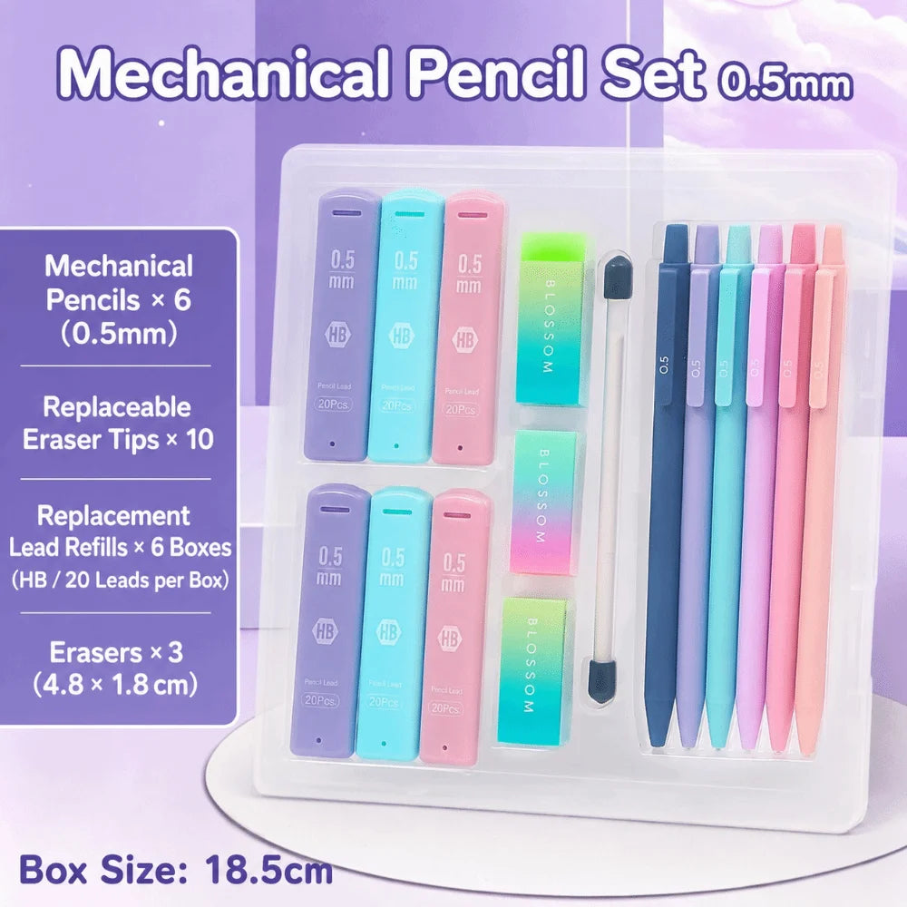 A clear box containing a mechanical pencil set with 6 pencils, 10 eraser tips, and 3 refills.