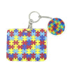 Buntes Puzzle-Teil-Muster-Lanyard-Schlüsselanhänger mit kreisförmigem Tag und Metallclip.