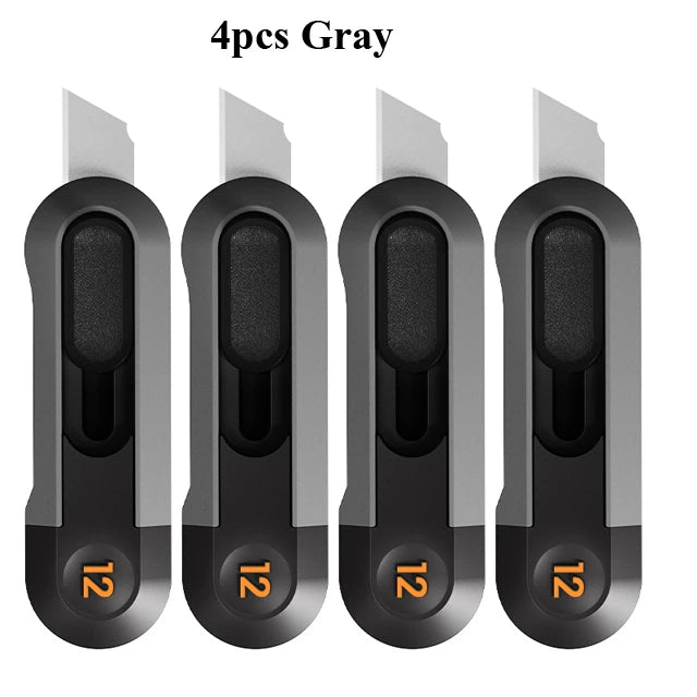 Four gray deli mini pocket knives shown side by side