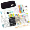 A display of various colored pencils and a black fabric pouch for organizing supplies.