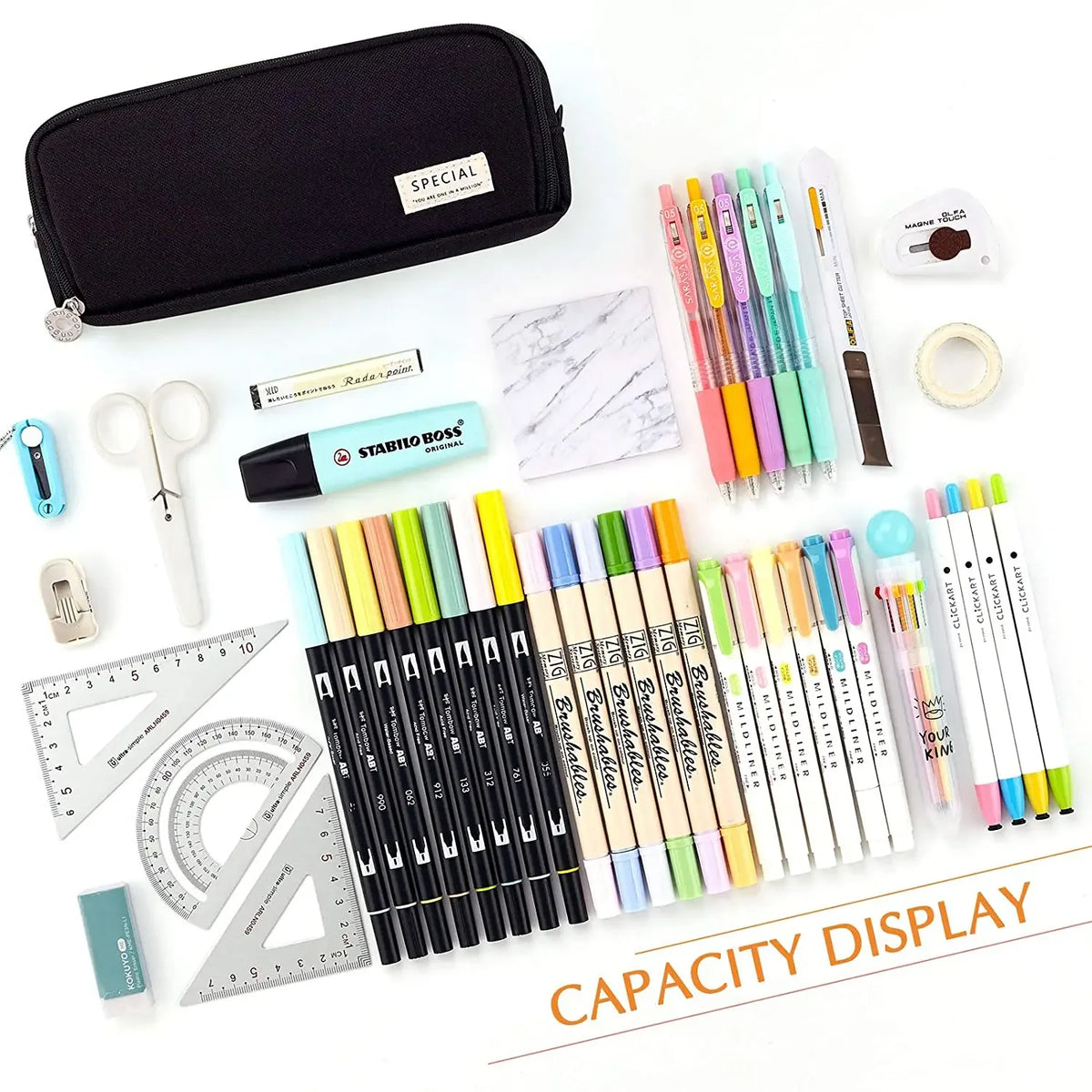 A display of various colored pencils and a black fabric pouch for organizing supplies.