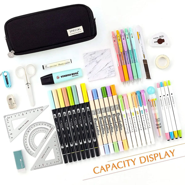 A display of various colored pencils and a black fabric pouch for organizing supplies.