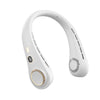 A white hands-free neck fan with a circular LED display and control button.