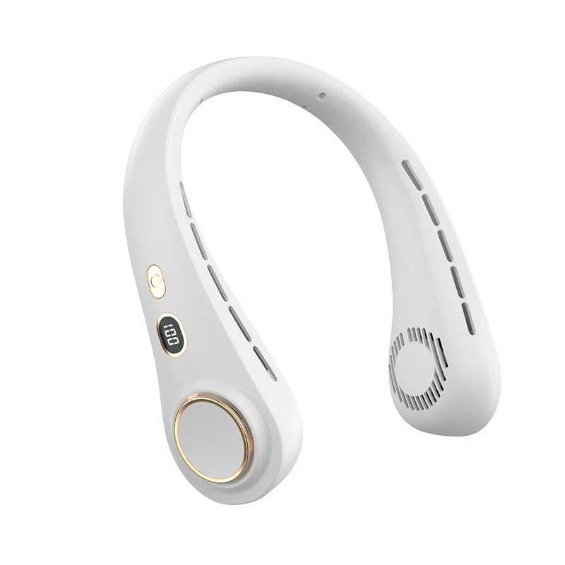 A white hands-free neck fan with a circular LED display and control button.