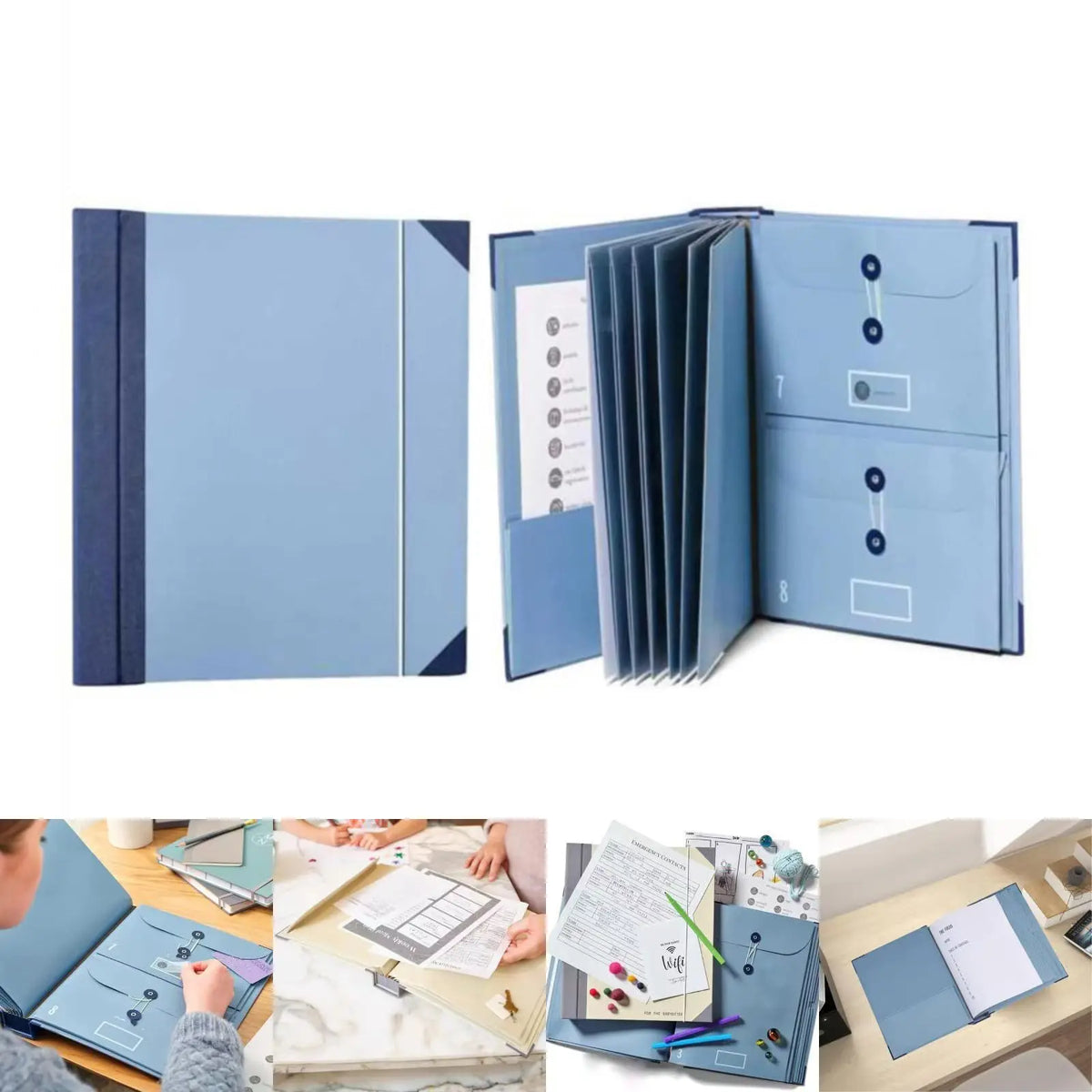 A set of blue expanding accordion document organizer file folders shown in various configurations.