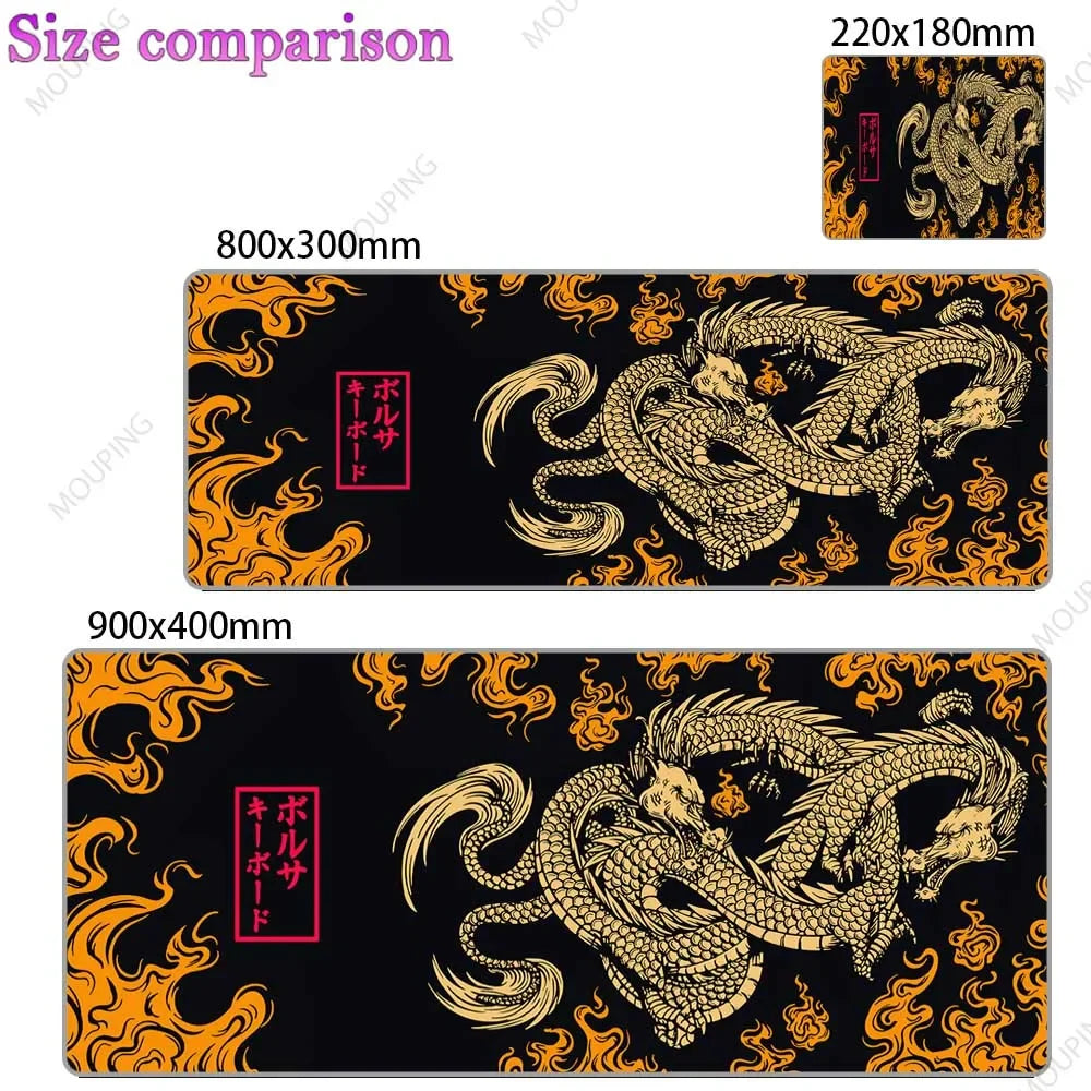 A black gaming desk mat featuring an orange and gold Japanese dragon design.