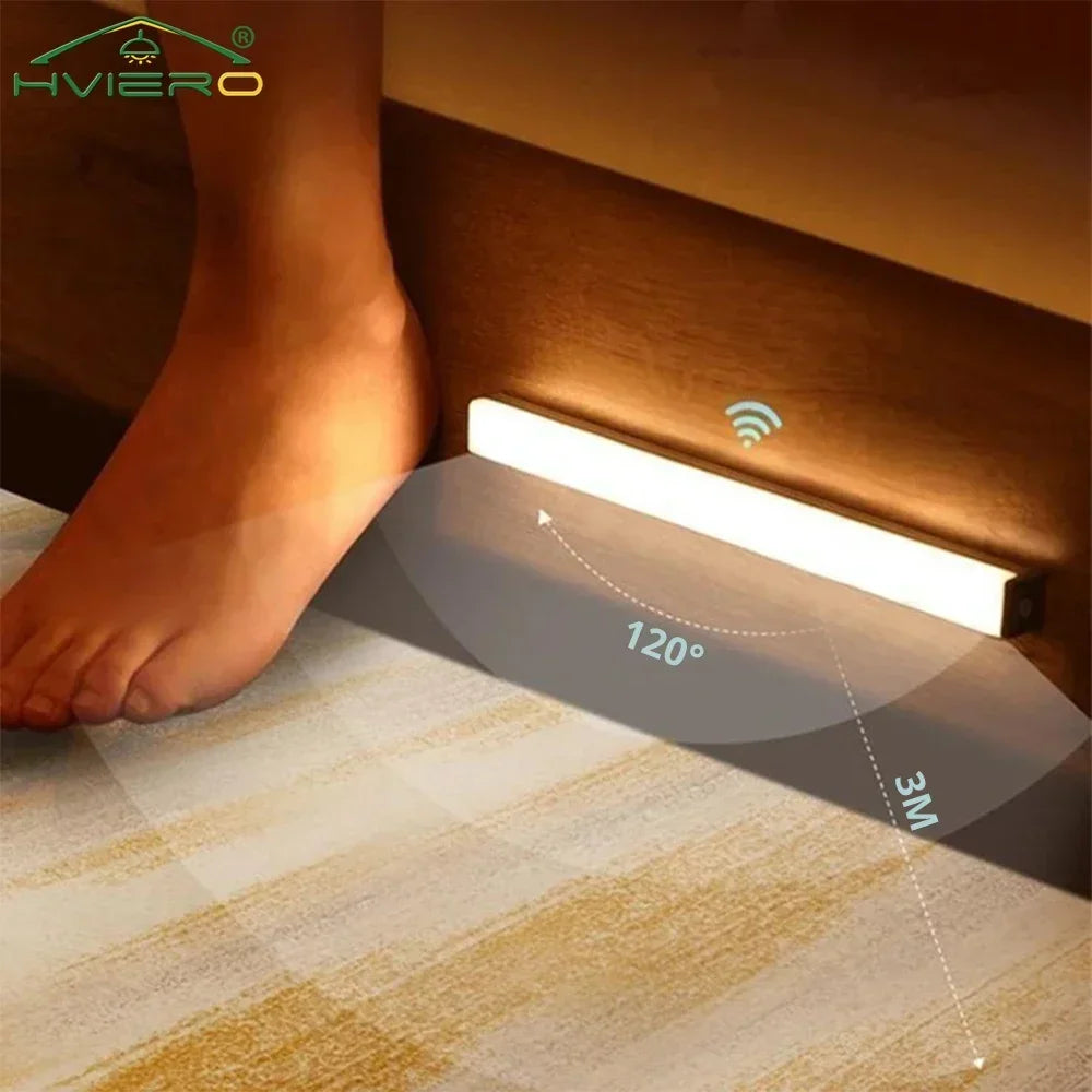 A white LED light strip mounted on a wooden surface, demonstrating 120-degree illumination and 3-meter range.