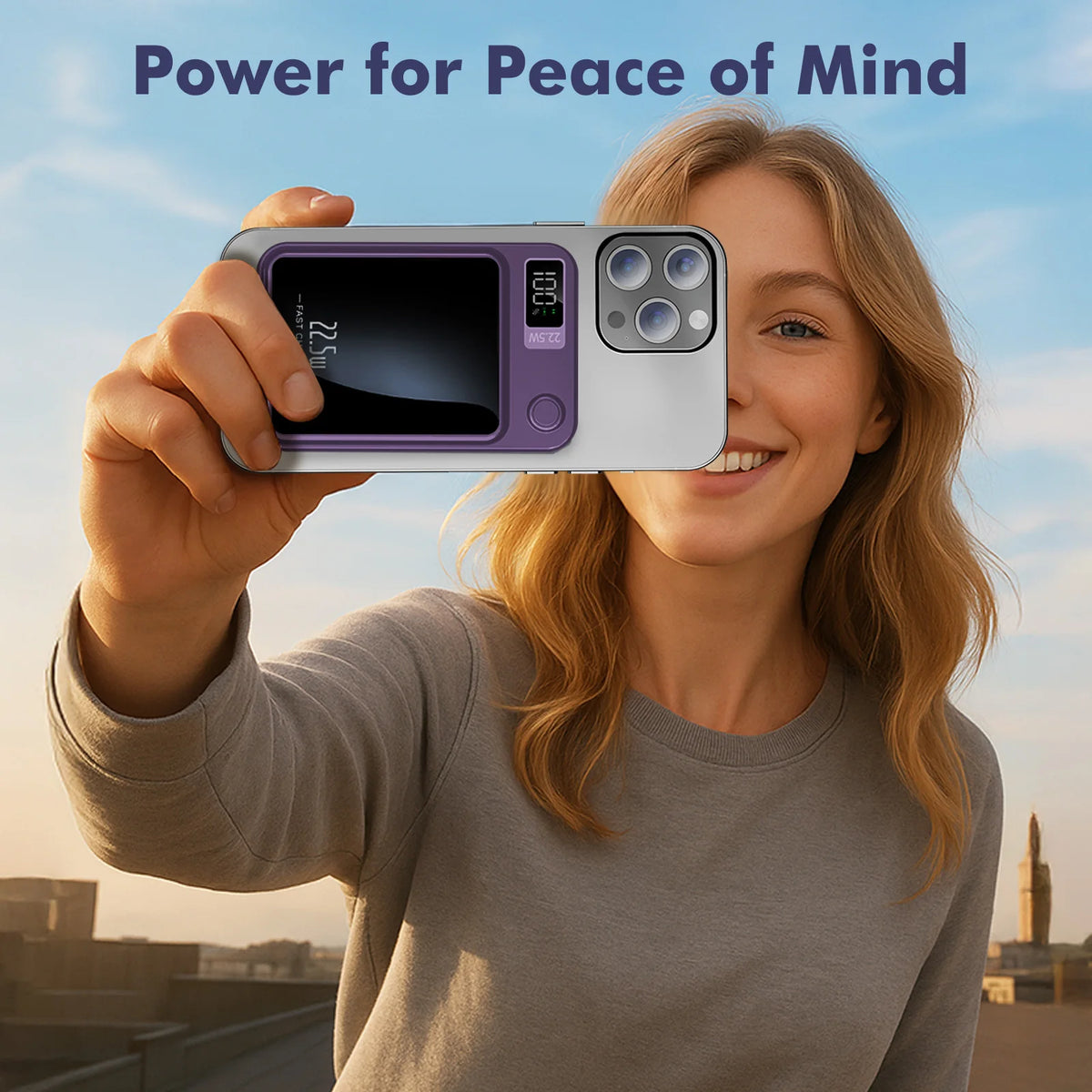 A woman holds a purple magnetic wireless power bank with a digital display and multiple charging pads.