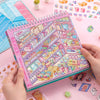 A colorful sticker book featuring a cute snack shop scene kit with various 3D stickers and accessories.