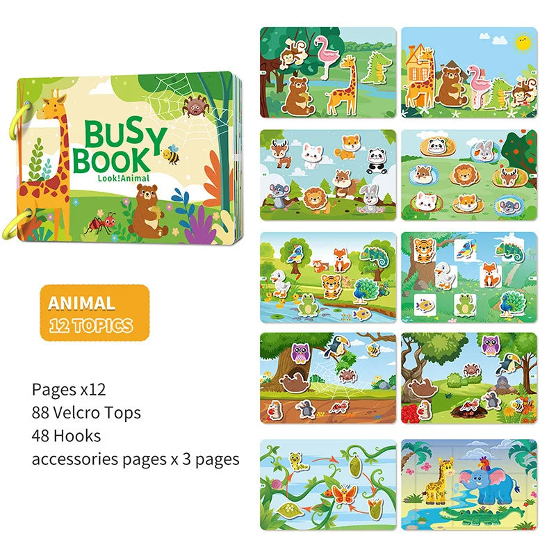 A set of 12 pages and accessories for a busy book about animals featuring illustrations and stickers.