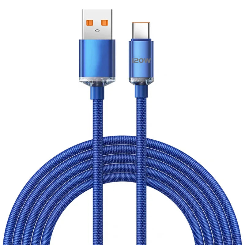 A blue braided nylon USB-C to USB-C fast charging cable with connectors shown against a white background.