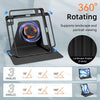 A black protective case for an iPad demonstrating 360 degree rotating angles for landscape and portrait viewing.